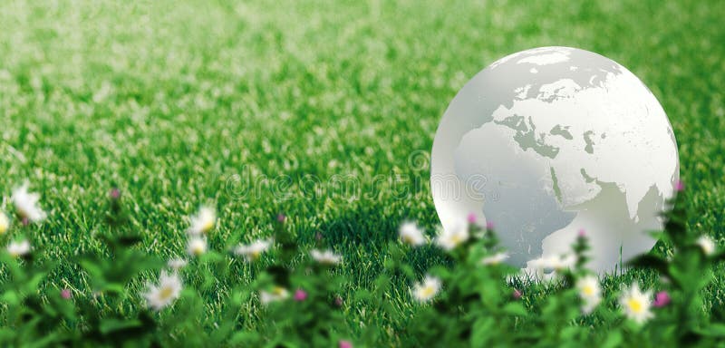 Glass globe or earth in green grass showing eco concept with copyspace, 3d rendering