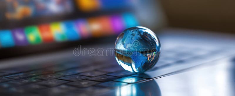 The glass globe reflecting a digital workspace and modern technology elements. image royalty free stock image.
