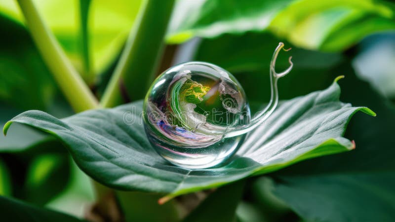 A glass globe sitting on top of a leaf with water inside, AI stock photo