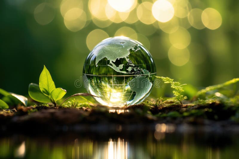 Glass globe sitting on top of vibrant and lush green forest. Perfect for illustrating concepts of royalty free stock image