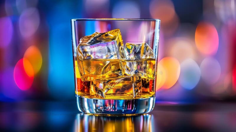 Glass of golden whiskey with ice on blurred background with festive bokeh, copy space. royalty free illustration