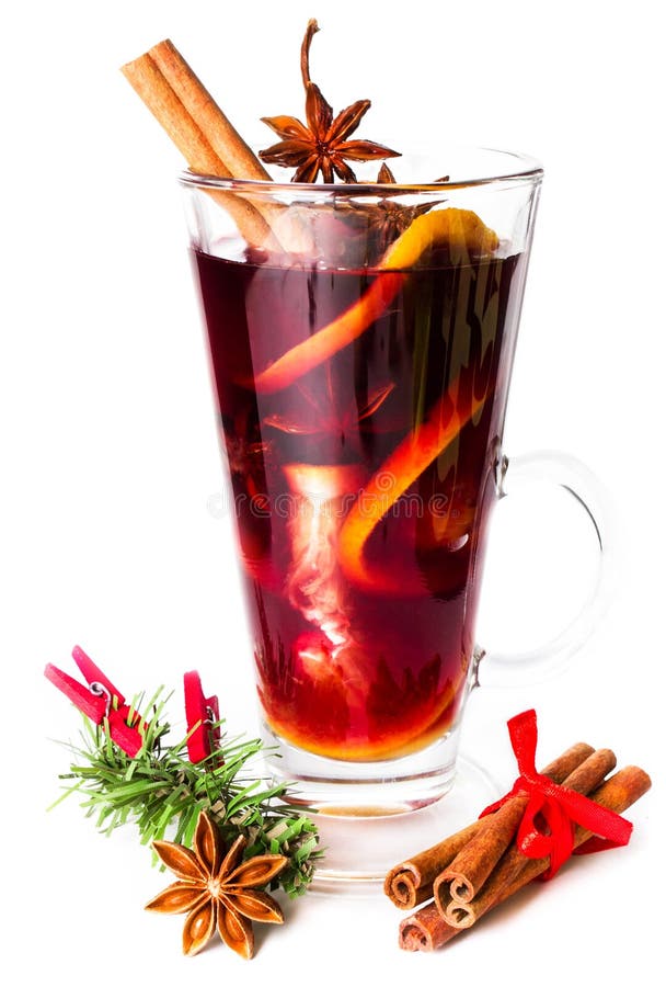 Glass with Hot red mulled wine for winter and Christmas with ora