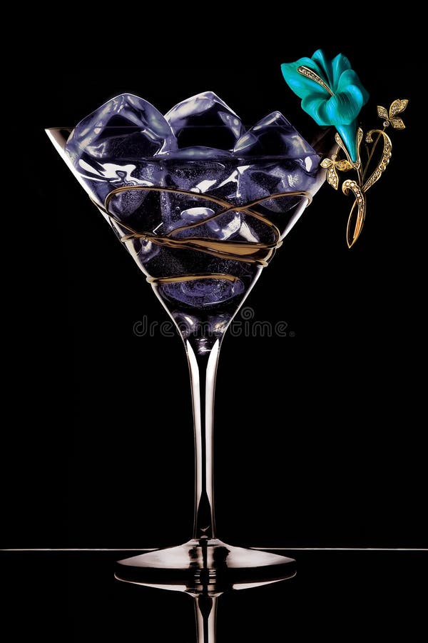 Glass of ice cubes decorated with flower, reflecting on black background.
