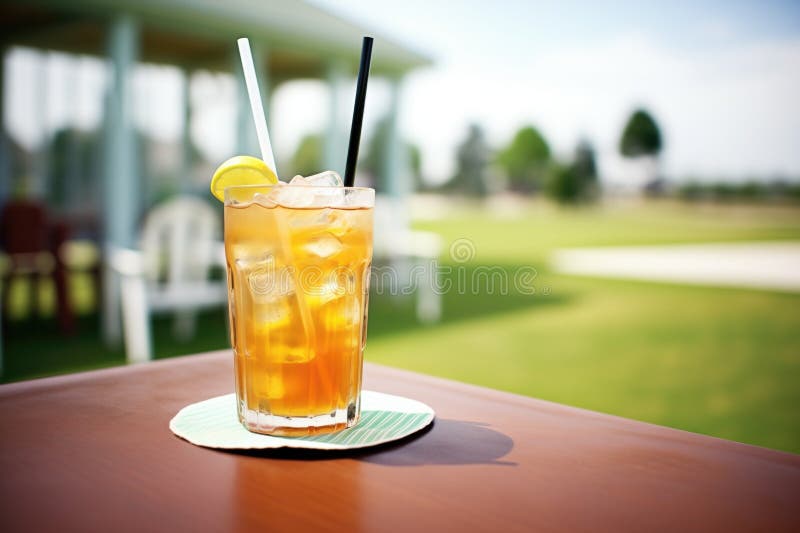 Glass of Iced Tea and Lemonade Mix on Golf Course Table Stock Photo