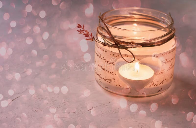 Glass Jar Candle Holder Decoupage Cut out Heart Shape Flickering Light Bokeh Glitter Copy Space Romantic Magic Atmosphere Valentin