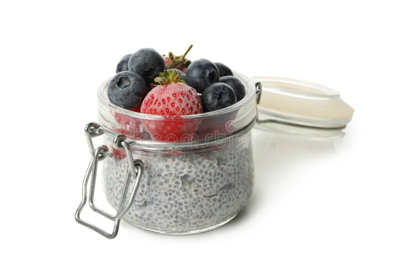 Glass Jar with Chia Pudding Isolated on White Background Stock Photo