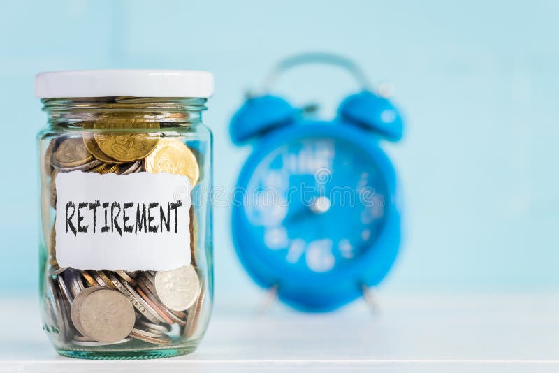 Glass jar coins with alarm clock background for retirement