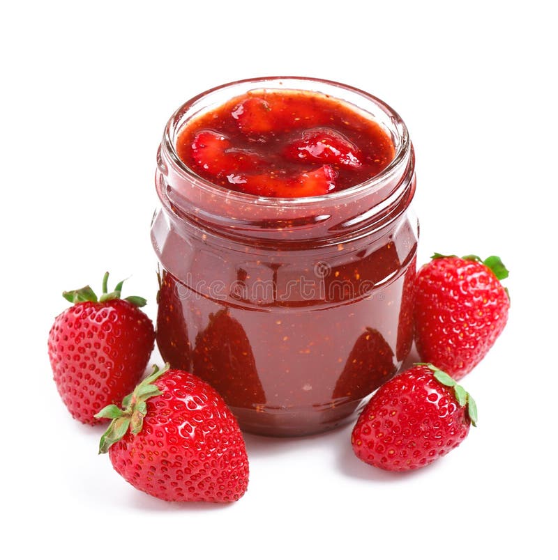 Glass jar with delicious strawberry jam on white background