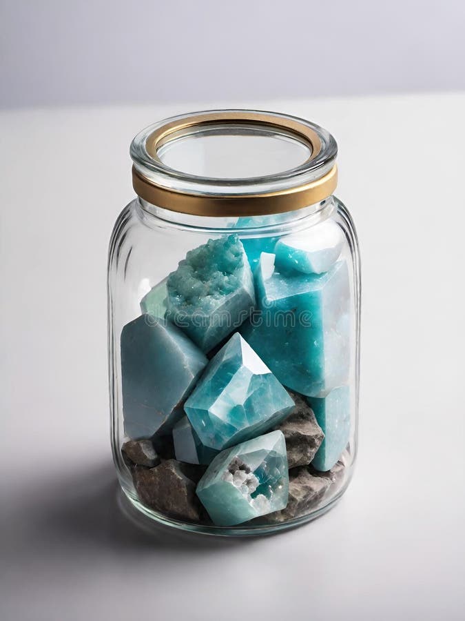 Glass jar with different minerals on table against grey background royalty free illustration