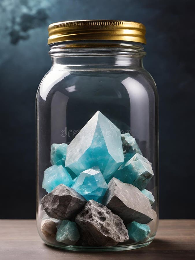 Glass jar with different minerals on table against grey background stock illustration