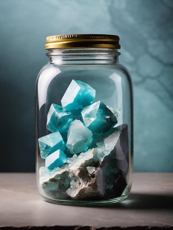 Glass jar with different minerals on table against grey background royalty free illustration