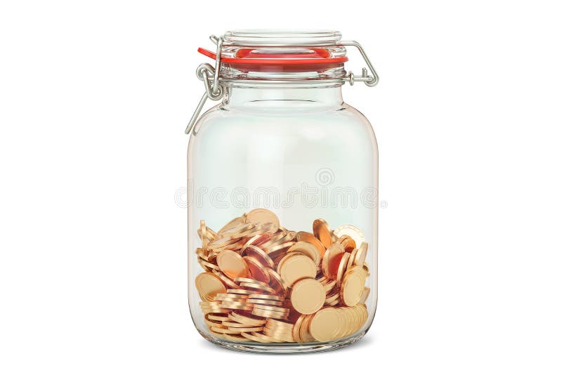 Glass jar with golden coins, 3D rendering