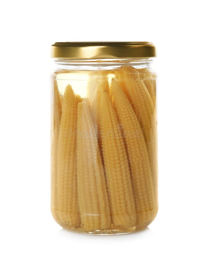 Glass Jar with Pickled Corn Cobs Isolated on White Stock Image Image