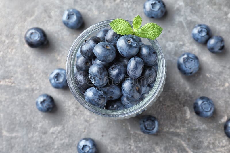 Glass Jar with Ripe Blueberries on Light Table Stock Image Image of