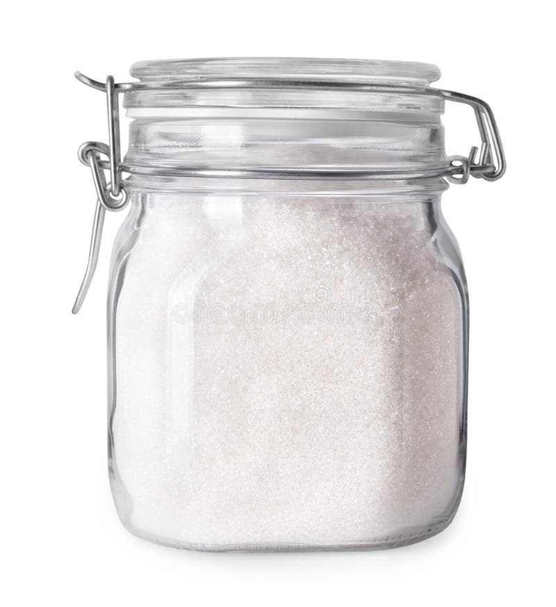 Granulated sugar in glass jar container isolated on white background with clipping path. Granulated sugar in glass jar container isolated on white background with clipping path