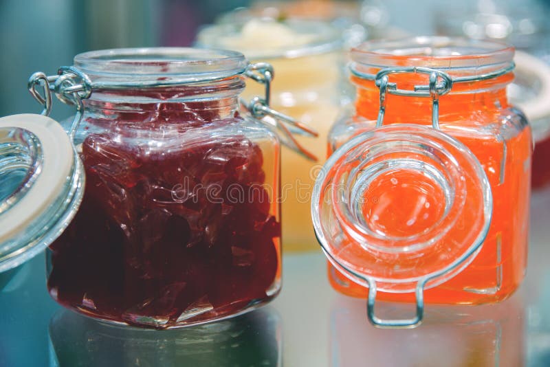Glass Jars of Jelly on Display Stock Photo Image of design, empty