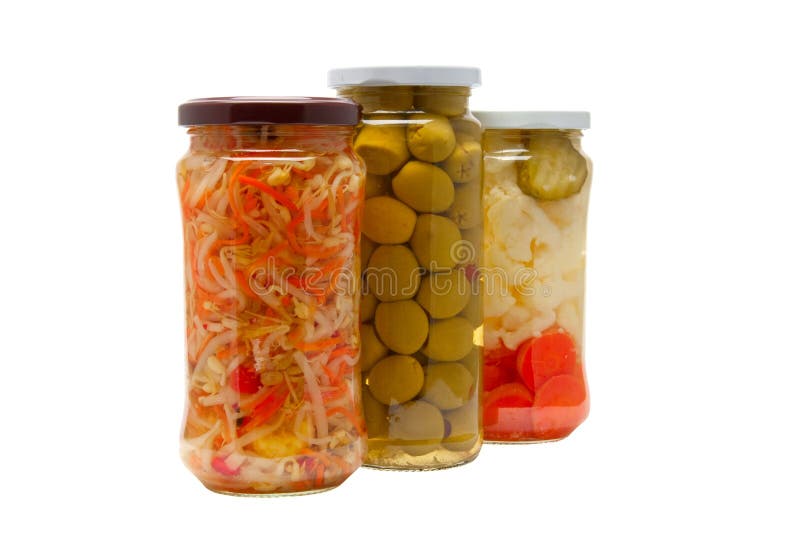 Glass jars with marinated vegetables