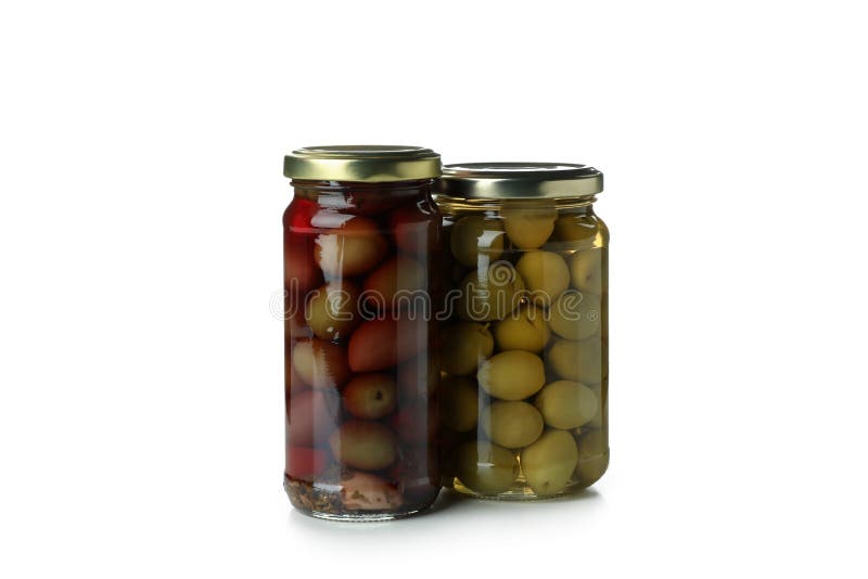 Glass Jars of Olives Isolated on White Background Stock Photo Image