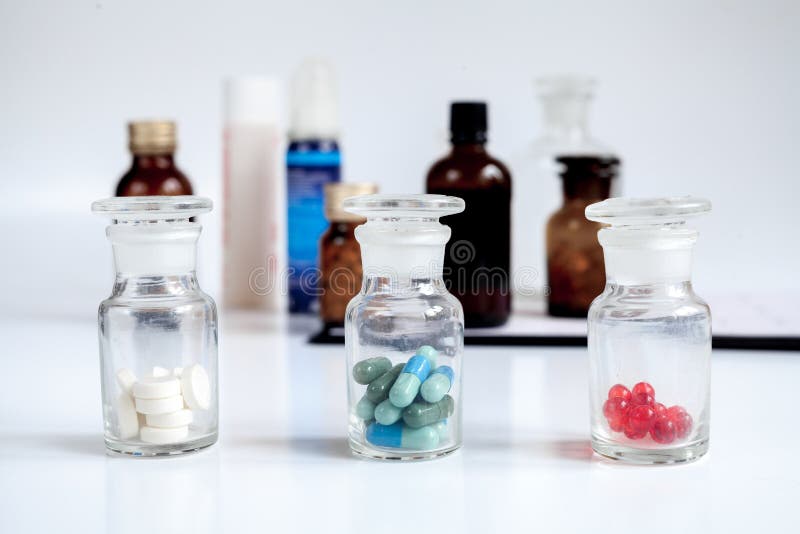 Glass Jars of Pills Home First Aid Kit Stock Photo Image of capsule