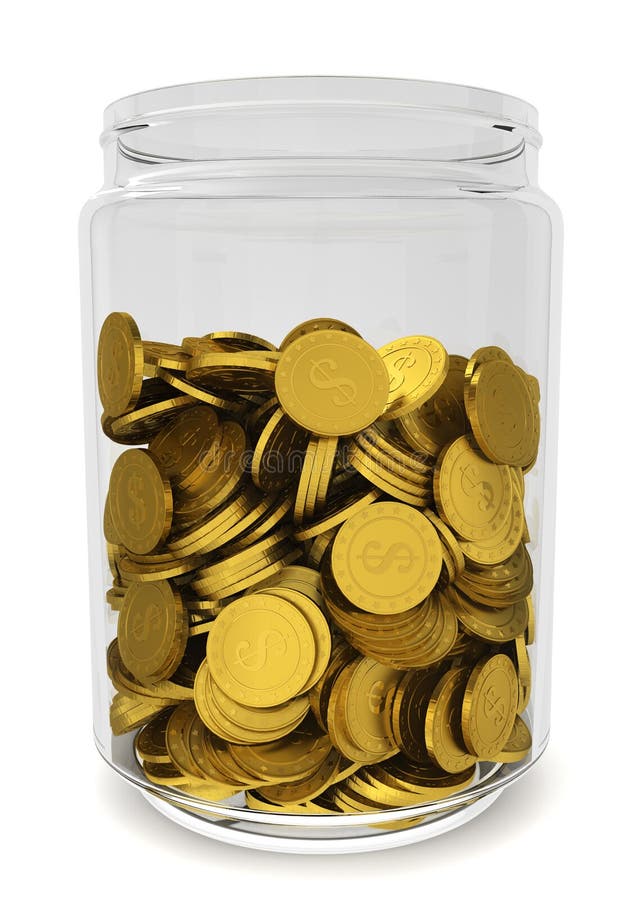 Glass krus med guld- mynt. Besparingbegrepp royaltyfri illustrationer Glass krus med guld- mynt. Besparingbegrepp royaltyfri illustrationer