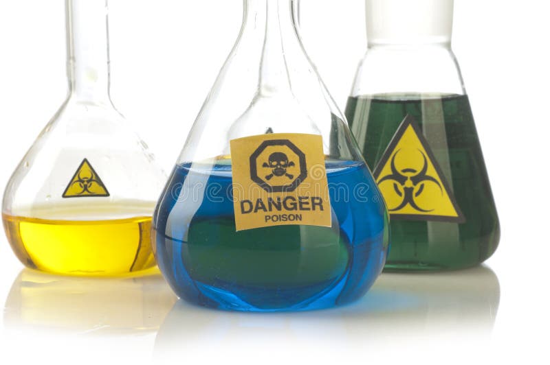 Glass Laboratory Equipment with Symbol Biohazard and Danger Stock Photo