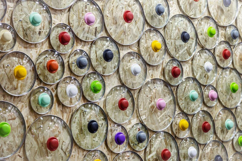 Glass Lids from Pots and Pans on the Store Counter. Stock Photo Image