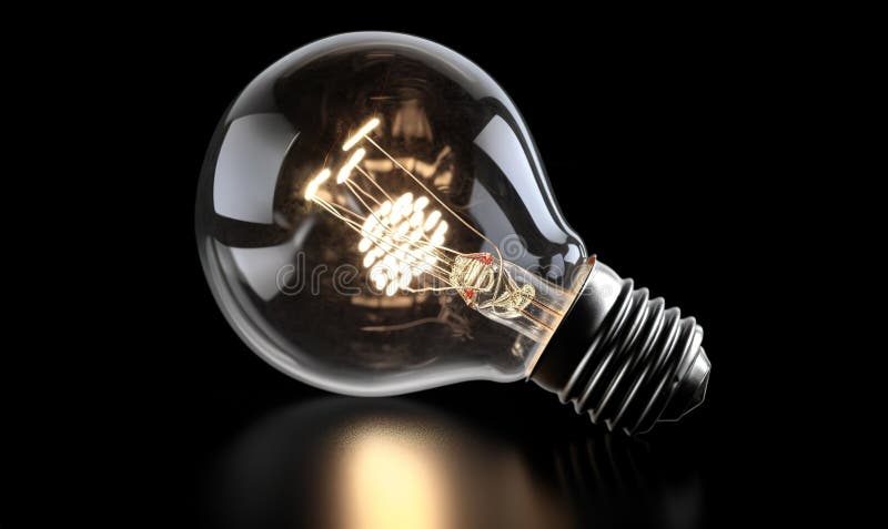 Glass light bulb is lit up against a dark background stock illustration