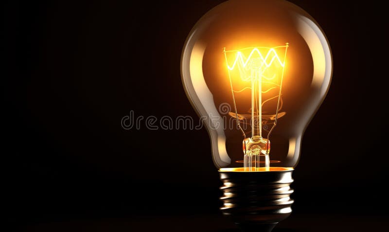 Glass light bulb is lit up against a dark background royalty free illustration