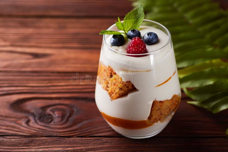 Glass with Mascarpone, Biscuits, Berries Dessert Stock Image Image of