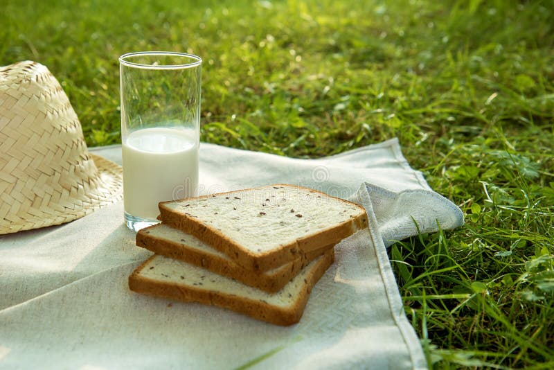 Glass of Milk, Cereal Bread, a Straw Hat on a Blanket on the Grass