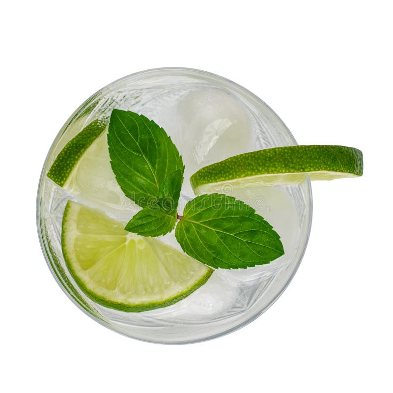 Glass of the Mojito cocktail with lime and mint isolated on white background. Top view stock photo Glass of the Mojito cocktail with lime and mint isolated on white background. Top view stock photo