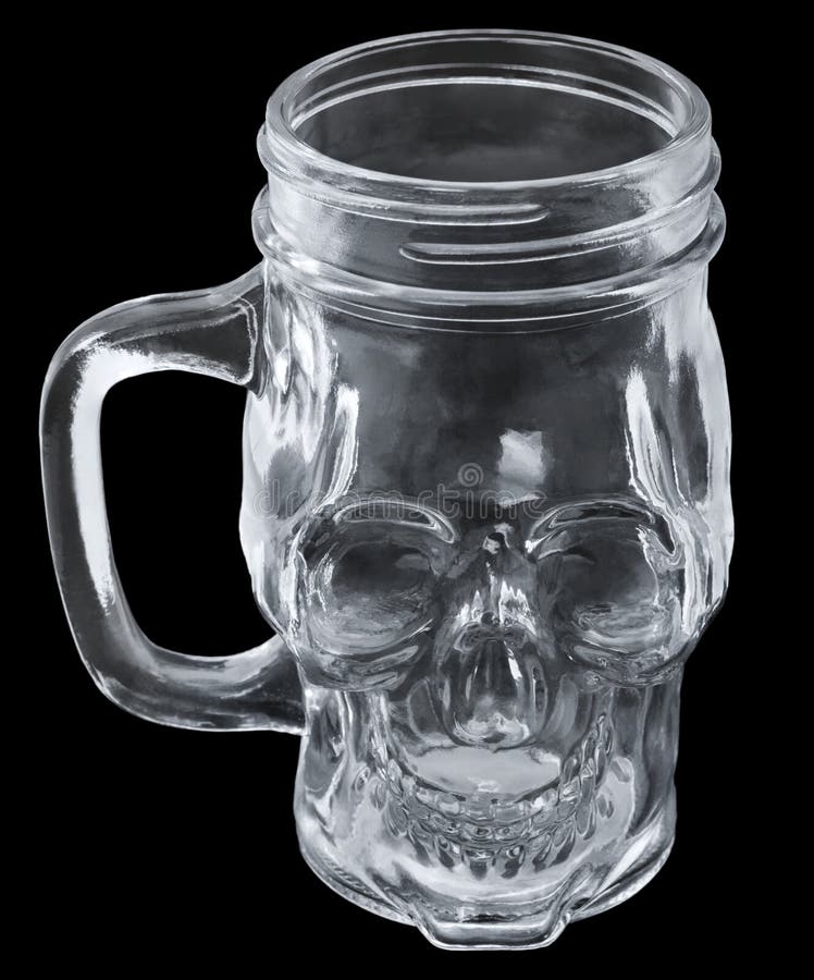 Glass Mug Skull with Handle, Isolated on Black Background Stock Photo