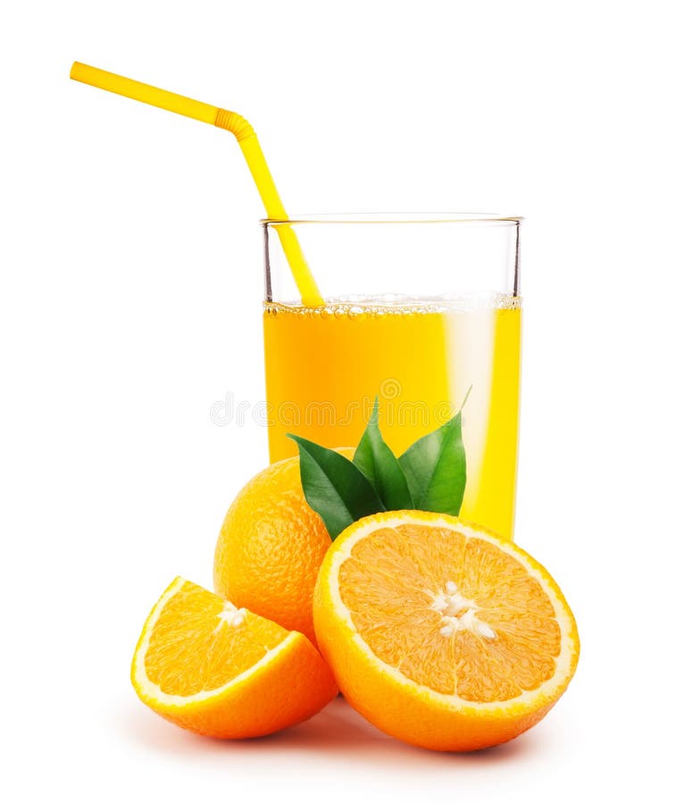 Glass of orange juice and the oranges isolated on white background