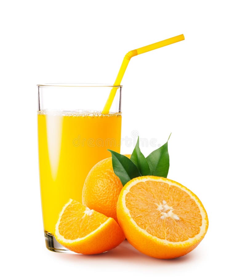 Glass of orange juice and oranges on white background