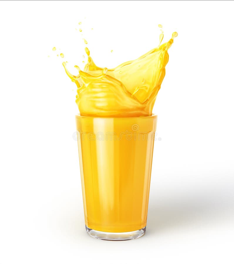 Glass of orange juice with splash, isolated on white background