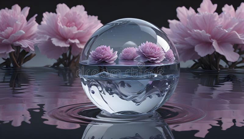 Un glob de sticlă cu apă plutind pe suprafață. trei peonies roz sunt înăuntru cu peonies suplimentare neclare în stock illustration