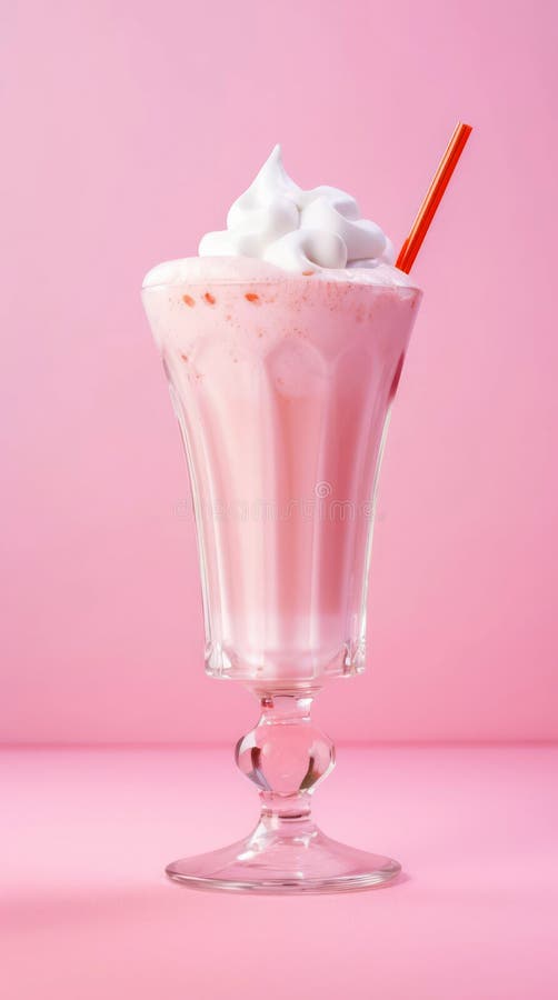 Pink Milkshake with Whipped Cream. Watercolor Illustration Stock