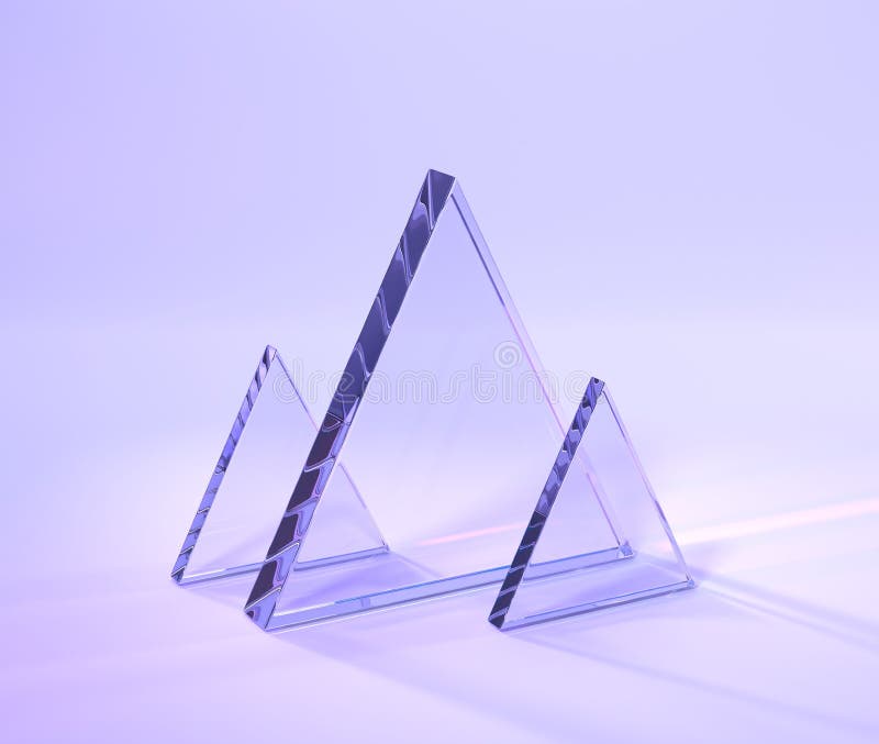 Glass plates with rainbow effect of light refraction prism or crystal 3d render. Transparent triangular acrylic panels stock illustration
