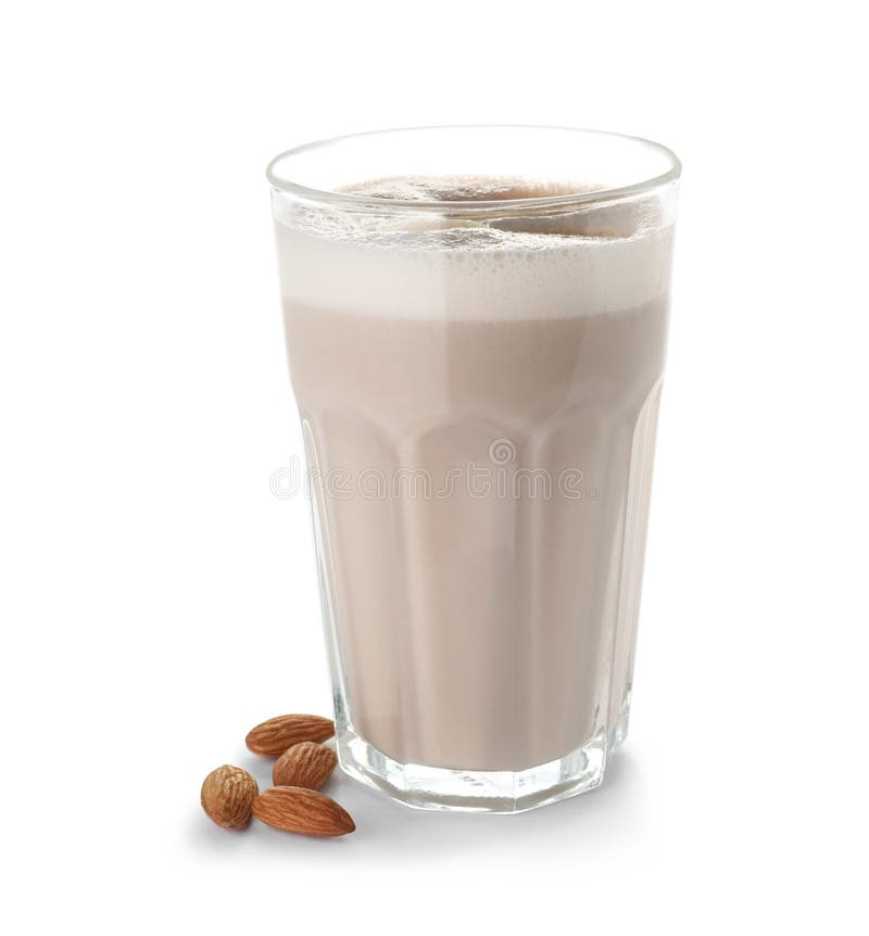 Glass of protein shake and almonds isolated stock image Glass of protein shake and almonds isolated stock image