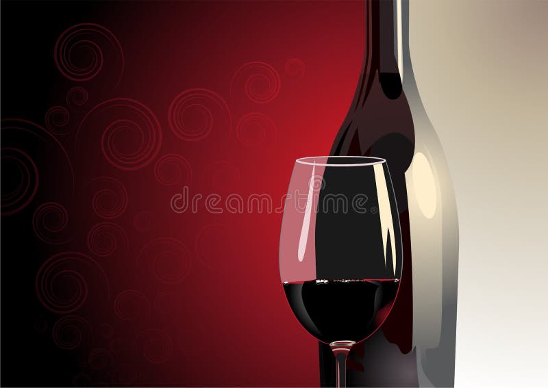 Glass of red wine with a bottle
