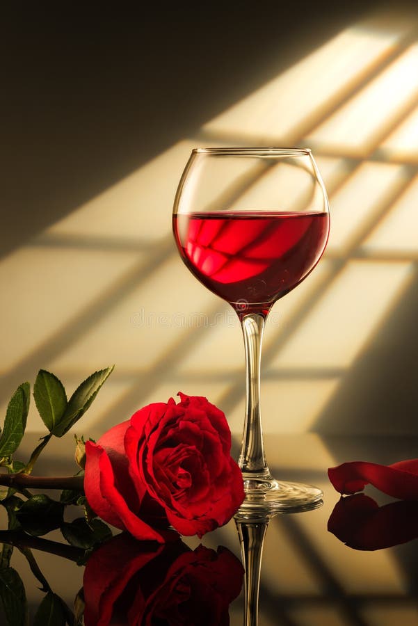 A Glass Of Red Wine And A Red Rose Stock Image Image of liquid