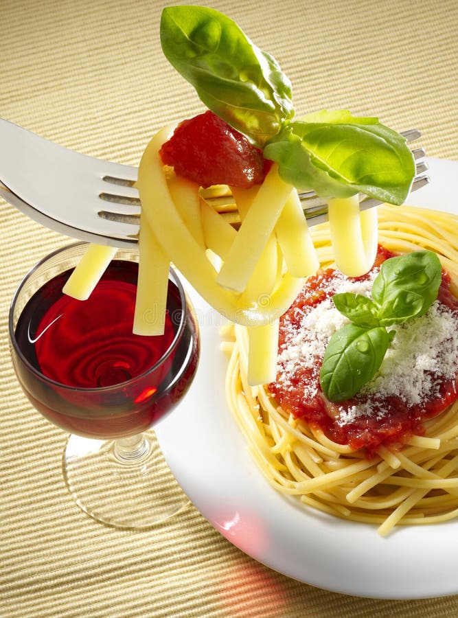 Glass of Red Wine and Spaghetti Stock Image Image of fork, tomato