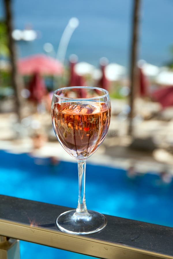 Glass of Rose Wine with Sea and Pool View Stock Image Image of