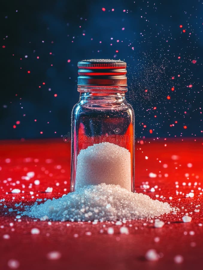 Glass salt shaker with silver lid and a heap of salt on red surface royalty free illustration