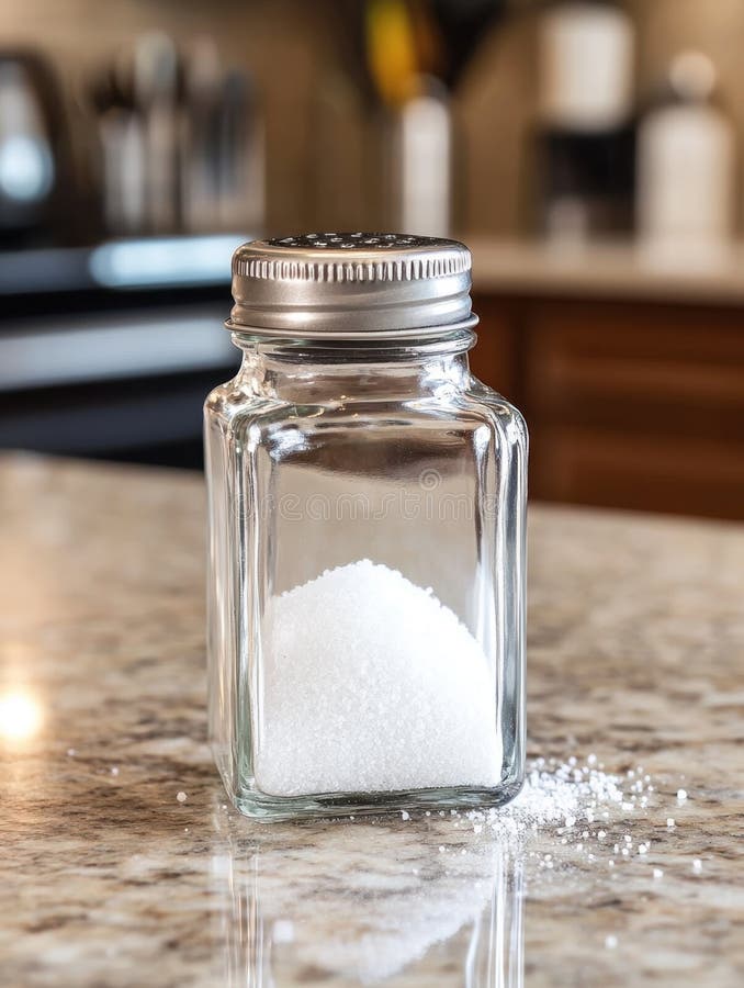 Glass salt shaker with silver lid and salt spill on countertop stock illustration