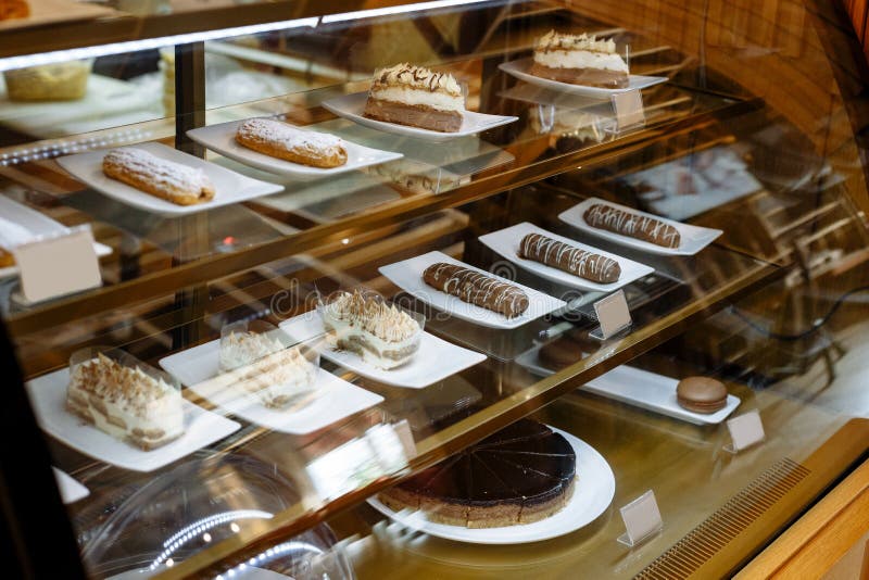 Glass Showcase with a Pastries in the Restaurant Stock Photo Image of