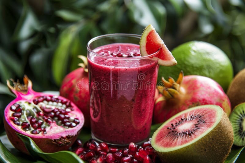 Glass of smoothie with pomegranates, kiwi, grapefruit stock photos