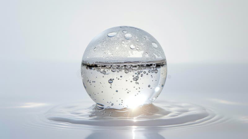 Glass sphere with bubbles on a light-reflective surface stock images