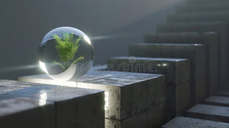 Glass sphere with fern on textured steps royalty free stock images