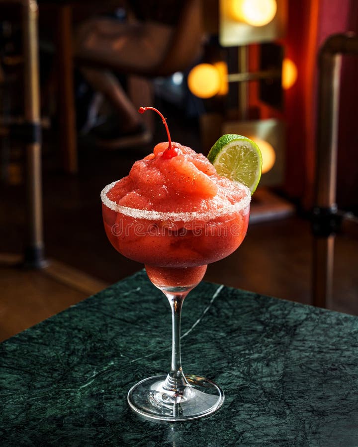 Glass of Strawberry Frappe Drink with Lime Slice Stock Photo Image of